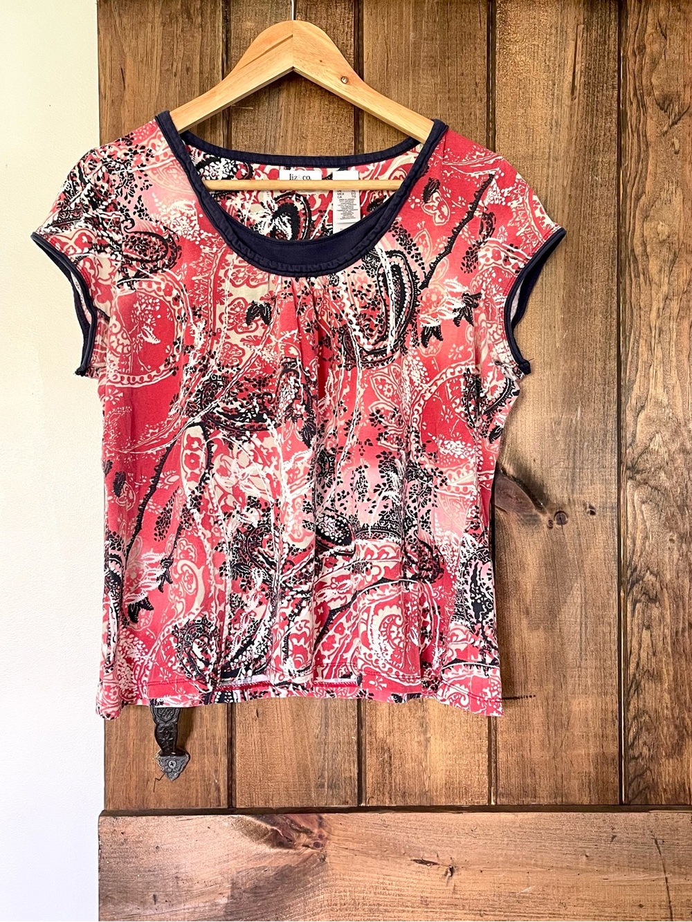 Liz Claiborne Liz & Co Red Layered Look Paisley Print Short Sleeve Top